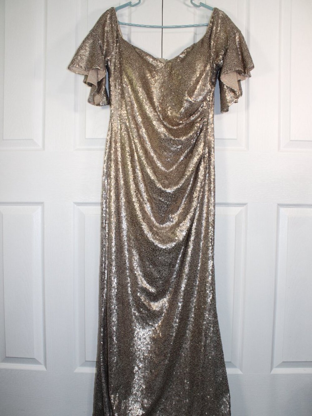Calvin Klein Gold Sequined Floor-Length Draped Cowl Neck Flutter Sleeve Gown